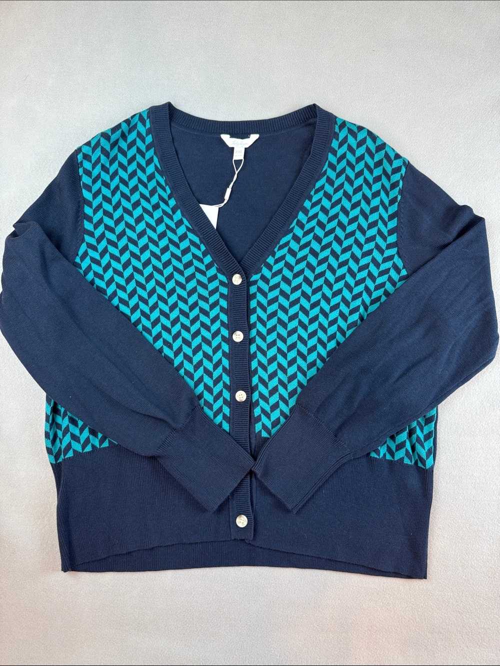 Lady Hagen Navy and Teal Chevron V-Neck Button Cardigan Size XXL NWT